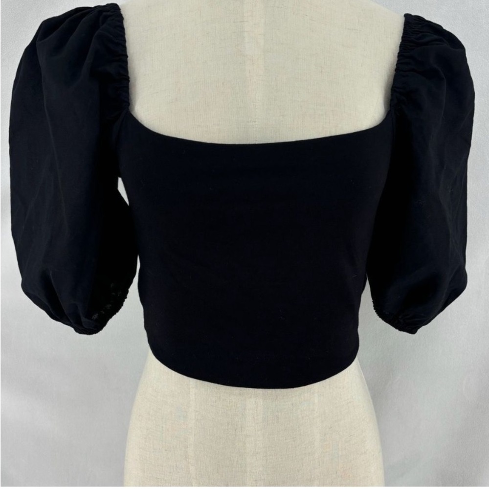Mimosa black puffed sleeves shredded back top size women’s small (i) - Picture 2 of 9
